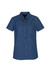 A short-sleeve women's button-up shirt in a dark blue denim style, featuring a chest pocket and a collar.