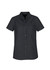 A black women's short sleeve button-up shirt with a chest pocket and a collar. It has a simple design and a logo.