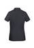 A black women's button-up shirt with short sleeves, featuring a back yoke and a logo.