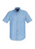 A short sleeve button-up shirt in light blue denim with a pocket and a logo on the chest.