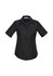 A black women's button-up shirt with short sleeves and a fitted design, featuring a logo.