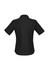 A women's short sleeve button-up shirt in black with a pinstripe design. The shirt features a collar and rolled sleeves.