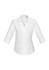 A white women's button-up shirt with 3/4 sleeves and a collared neckline, featuring a logo.