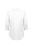 A white women's button-up shirt with 3/4 sleeves and a curved hem, featuring a logo on the back.