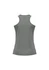 A grey ladies singlet featuring a racerback design and side slits, with a logo on the back.