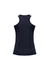A black ladies singlet with a racerback design and contrasting side stripes, featuring a logo on the back.
