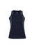 A dark navy ladies singlet with a v-neck and white piping along the sides, featuring a logo on the front.