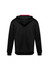 A black hoodie with a red lining, featuring a hood and long sleeves, shown from the back. It has a logo.