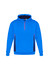 A blue hoodie with a half-zip and contrasting black and red side panels. It features a hood and a logo.
