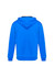 A blue hoodie with a black-lined hood, featuring a plain back and long sleeves.