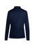 A navy women's long-sleeve top with a collar, featuring a logo on the back.