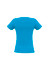 A bright blue ladies' t-shirt with short sleeves and a fitted design, featuring a logo on the back.