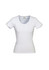 A white short-sleeved women's t-shirt with a scoop neckline. The shirt features a logo on the label.