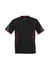 A black t-shirt with red accents and short sleeves, featuring a logo on the chest.