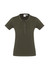 A ladies vintage tee in olive green with a crew neckline and button detailing. It features short sleeves and a fitted design.