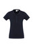 A navy vintage-style tee with a round neckline and button detail, featuring short sleeves and a branding label.