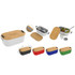 A salad box with a bamboo lid, available in white, black, red, blue, and green, includes utensils and a dressing container.