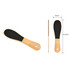 A foot scrubber with a bamboo handle and black scrubbing surface, shown from different angles with measurements.
