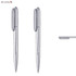 A silver plastic pen with a sleek design, featuring a clip and pointed tip. The image includes branding.