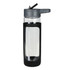 A drink bottle with a transparent glass body, grey silicone cover, and flip-top lid for easy sipping.