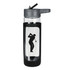 A drink bottle featuring a clear glass body, grey silicone cover, and a golf-themed design.