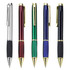 A set of five metal pens in silver, red, green, blue, and black with gold accents and clips.