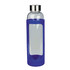 A drink bottle made of clear glass with a blue silicone cover, featuring a silver metal lid.