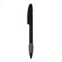 A plastic pen in black with a grey grip and a clip, featuring a logo on its body.