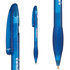 A blue plastic pen with a clip and a rubber grip, featuring a logo on the barrel.