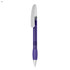A purple plastic pen with a silver clip and accents, featuring a smooth barrel and a logo on its body.