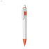 A plastic pen with a white body and orange accents, featuring a clip and a rounded tip. Includes a logo.