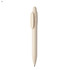 A beige plastic pen with a rounded top and a clip, featuring a logo or branding element.