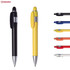 A collection of plastic pens in various colours, including black and yellow, with metal accents and a logo.
