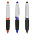 Three plastic pens with white bodies and rubber grips; one orange, one blue, and one black. Each has a logo.