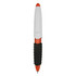 A plastic pen with an orange barrel, white clip, and a black textured grip. It features a logo on the barrel.