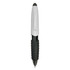 A plastic pen in white with a black rubber grip and black ink tip, featuring branding on the barrel.