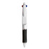 A plastic pen with a white body, black grip, and red and blue accents. It includes branding.