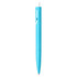 A plastic pen in bright blue with a transparent clip and a white tip. Features a branding logo.