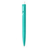 A teal plastic pen with a sleek design and a white cap. It features a simple logo on the body.