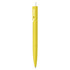 A yellow plastic pen with a click mechanism and a branding logo.