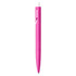 A pink plastic pen with a white clip and a sleek design. The pen features a logo on its body.