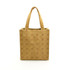 A kraft paper tote bag in a brown shade, featuring two handles and a patterned design. It has a logo on the front.