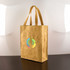 A kraft paper tote bag in a golden colour with sturdy handles and a logo on the front.