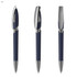 A sleek navy blue pen with metallic accents, featuring a clip and a smooth writing tip, showcasing three angles.