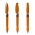An orange plastic pen with a transparent design and metallic accents. The pen features a clip and a rounded end.