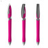 A pink plastic pen with a sleek design featuring a silver clip and tip, showcased from three angles.