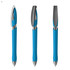 A blue plastic pen with a sleek design, featuring a silver clip and accents. It has a branding logo.