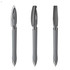 A set of three grey plastic pens featuring a sleek design and metallic accents, with one showing the clip.