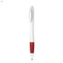 A plastic pen in white with a red grip and clip, featuring a logo on its surface.