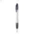 A plastic pen in white and grey, featuring a clip and a logo on the barrel.